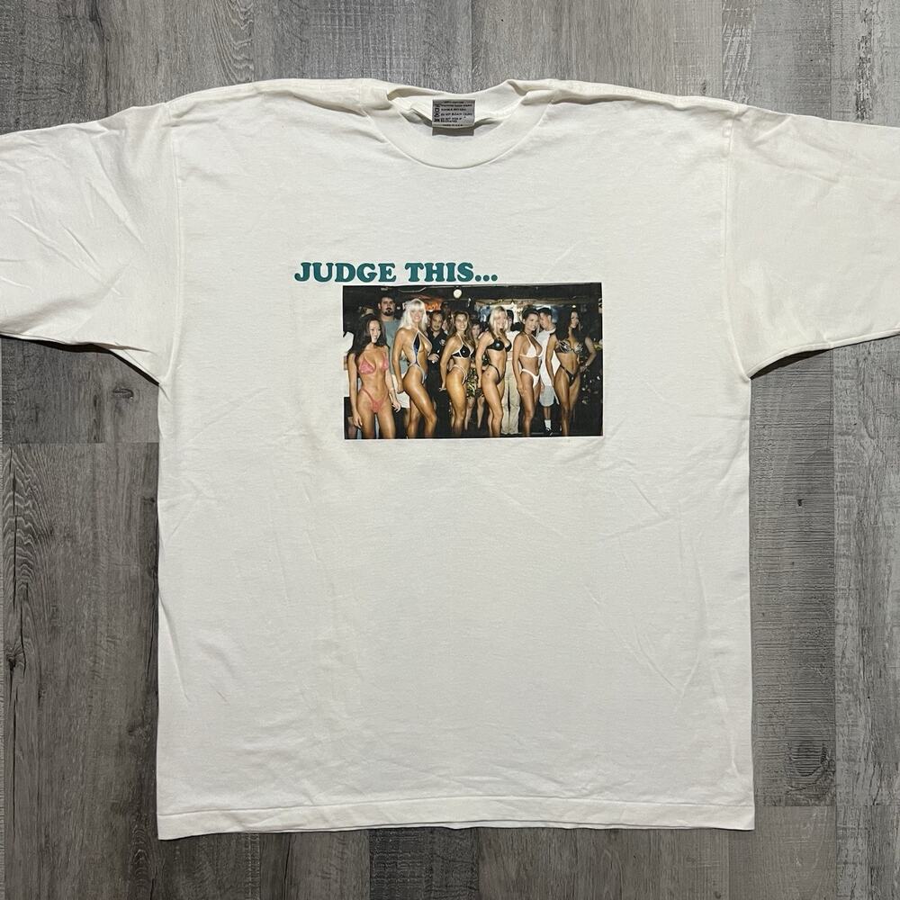 Vintage Bikini Contest Photo T Shirt 90s Single Stitch "Judge This" T Shirt XL